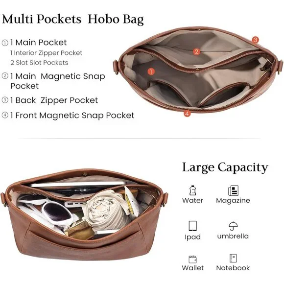 Elegant Genuine Leather Hobo Crossbody Bag with Detachable Straps - 13.39x10.63 - Picture 2 of 5